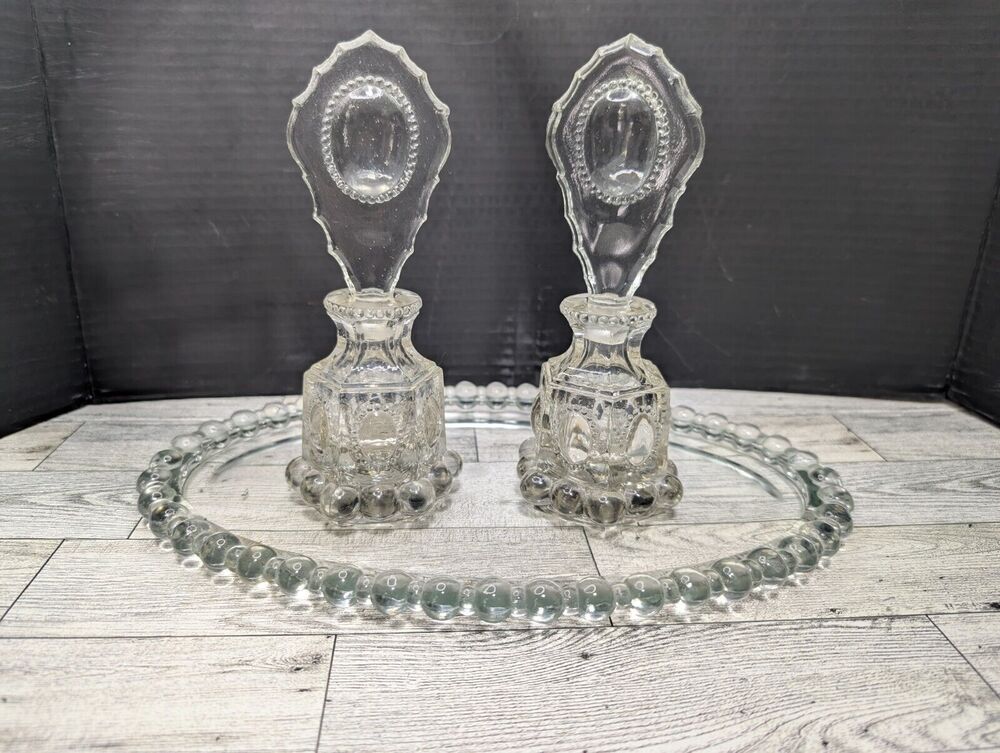 Vintage Perfume Bottles by LE Smith 7" with Clear Oval Stopper & Vanity Tray